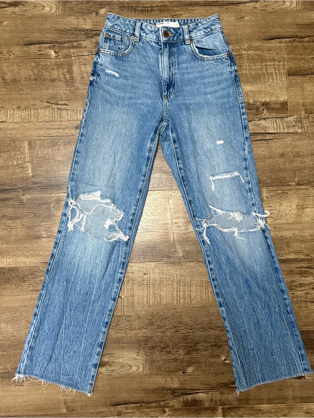 Garage High-Rise Distressed Straight Jeans - Light Blue